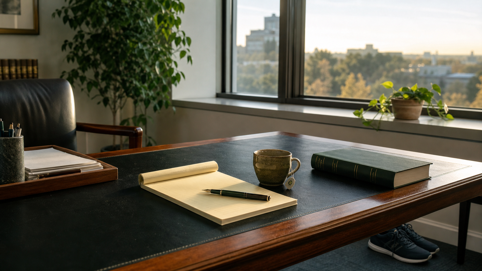 A quiet law office desk with tea, a legal pad, and running shoes near the chair.