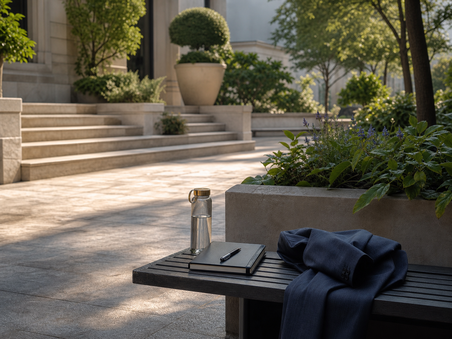 A quiet courtyard bench with a notebook, water bottle, and suit jacket resting beside plants.